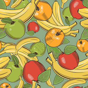 生态餐厅彩色无缝图案与香蕉和苹果在老式万科插画