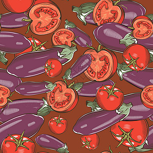 彩色无缝图案与茄子和西红柿在老式风格插画