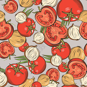 彩色无缝图案与西红柿和洋葱在复古风格图片