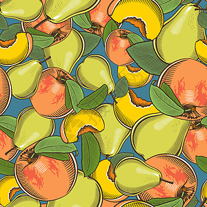 彩色无缝图案与桃子和梨在复古风格图片