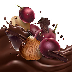 红葡萄和榛子 巧克力波浪上有巧克力片图片