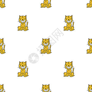 黄色猫手用白色背景绘制 无缝模式图片
