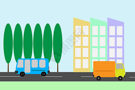 城市风景 客车和卡车在市街上图片