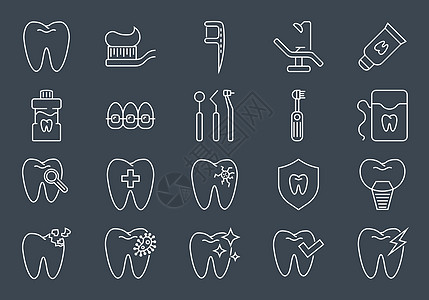 牙科图标集 牙科相关矢量线图标集解剖学插图医生镜子外科微笑药品诊所牙膏信息图片