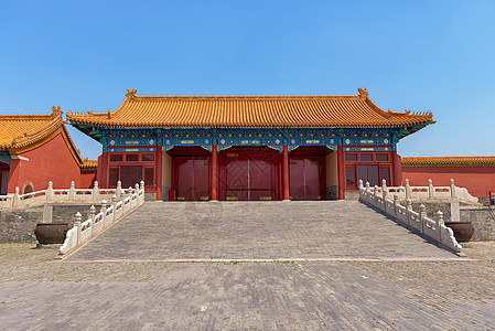蓝天下中国传统建筑 蓝色天空下遗产橙子文化红色王朝寺庙城市瓷砖旅游楼梯图片