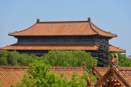 蓝天下中国传统建筑 蓝色天空下房子橙子瓷砖城市楼梯世界遗产旅游旅行王朝图片