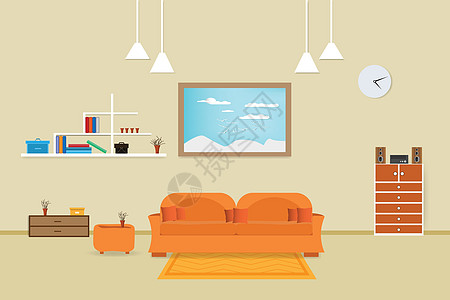 室内客厅设计放松 沙发橙和书架图片