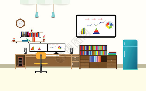 办公室内部分析 与两家金融业务共享图式窗户椅子信息网络木头工作电脑职场卡通片监视器图片