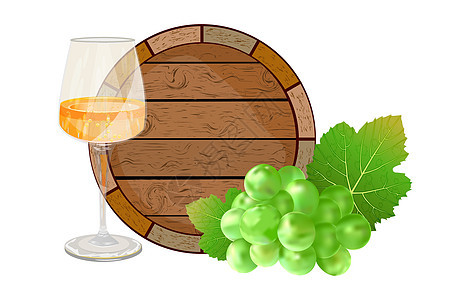 在白色背景中隔绝的酒桶 葡萄酒和葡萄木桶叶子餐厅贮存花园藤蔓酒厂标识橡木木头图片