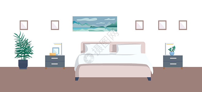 它制作图案的空卧室平面颜色矢量图表房子房间植物娱乐家具住宿旅馆插图风格图片
