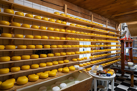 工厂里很多的奶酪团体食物制造木板木头市场乳制品奶制品产品工业图片