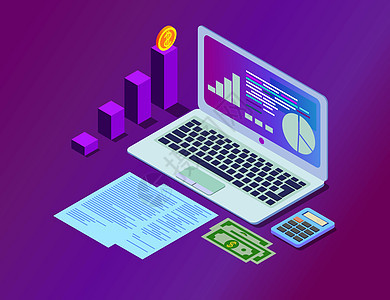 概念商业战略 分析数据与投资 业务成功 计算机和信息要素的财务审查 3d等离子平板设计 矢量图说明 以及软件技术图片