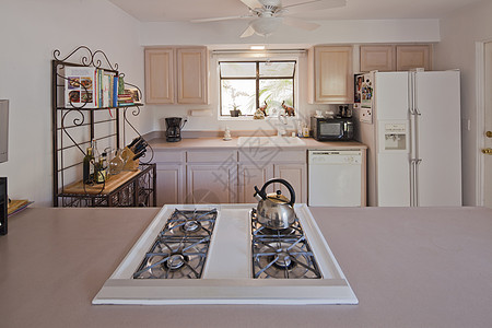 传统厨房的顶层和厨房长椅煤气灶房间冰箱平铺粉色家庭扇子地面火炉炉顶图片