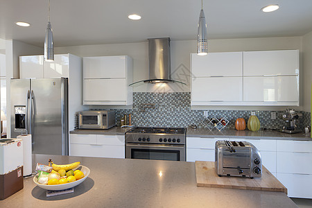 现代现代化厨房艺术冰箱自然光瓷砖火炉橱柜设计烤箱家庭不锈钢图片