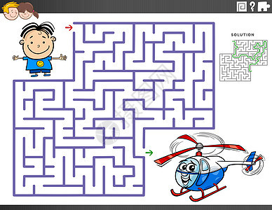 与男孩和玩具直升机一起玩迷宫教育游戏图片