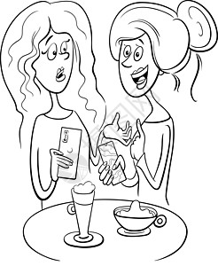 在咖啡馆卡通彩色书页上 妇女八卦图片