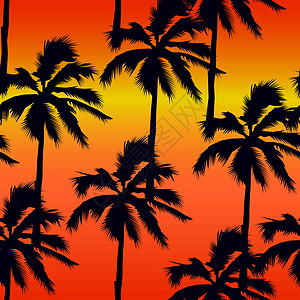 手画棕榈的矢量说明 无缝病媒模式 橙色背景下有热带树种和热带树种图片