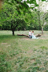 穿白衬衫的快乐男人 穿着绿绿色裙子的女孩白色花园棕色男朋友灌木丛木头森林树木新娘公园图片
