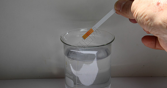 手将测试带浸泡到烧杯中的溶液中 然后探测 t盘子药品药理器皿学家考试技术科学实验化学品图片