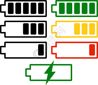 背景上隔离的电池充电水平矢量集 电池图标充满和低的符号 电池电量平面矢量图的程度图片