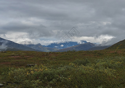 位于Kungsleden远足小路的拉普兰自然景观 山地多彩 岩石 秋色灌木 白树和鲜艳光辉煌的云雾国家小路冒险石头薄雾假期爬坡荒图片