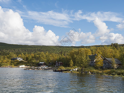 从Lulelalven河中萨尔托卢奥克塔的Sami小屋村看到绿色山 黄色白树和蓝天空白云 金色时光图片