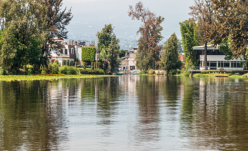 墨西哥城Xochimilco的Cuemanco运河景观 平静的河流 河水从森林中流过春天情调冒险拉丁场景蔬菜游客花园热带旅行文化图片