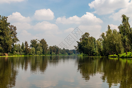 墨西哥城Xochimilco的Cuemanco运河景观 平静的河流 河水从森林中流过春天花园游客冒险蔬菜情调文化异国热带旅行城市图片