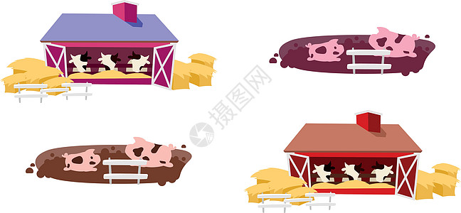 架放平板彩色矢量天体动物农场建筑村庄农村工具农家奶牛成套畜牧业图片