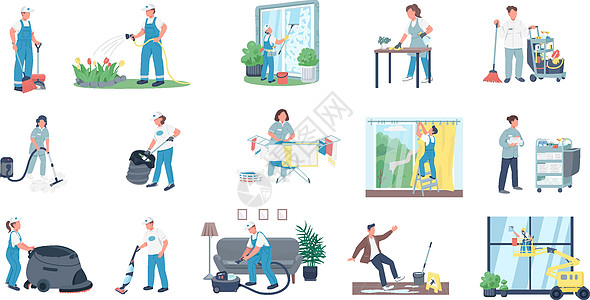 固定的颜色向量未露面字符集工人职员服务打扫女士女性插图清洁工成人工具图片
