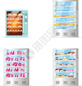 雨水玻璃商用冰箱平板彩色向量物体奶制品生产食物糕点成套工具插图烤箱展示面包插画
