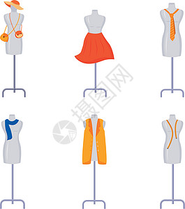 配有服装平板彩色矢量对象集的曼金网络织物物品人体成套衣服设计师尺寸女士测量图片
