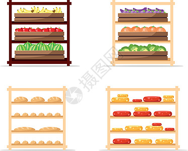 销售食品平板彩色矢量物体集物品陈列柜剪贴货架南瓜奶制品水果蔬菜食物插图图片