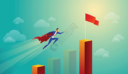 红色跳跃条形图飞向目标的超级商务人士 经营理念图片