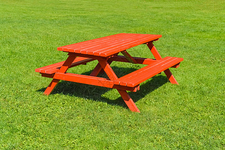 公园绿草坪上的红野餐桌图片