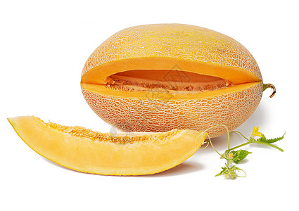 广式甜点熟熟的多汁橙色甜瓜 用种子切片 绿芽黄色工作室营养饮食果汁白色橙子水果食物蔬菜背景