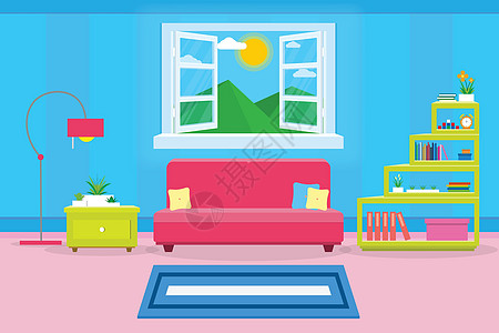 室内地面室内客厅 现代舒适和奢华风格 家具在房屋中 矢量和插图窗户地面地毯桌子房间电视沙发架子房子内阁插画