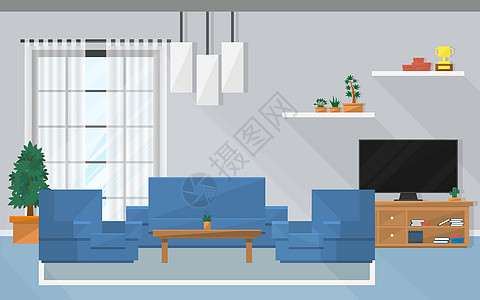室内客厅 有家具和窗口 矢量和插图风格电视植物枕头房子地面装饰职场地毯窗帘图片