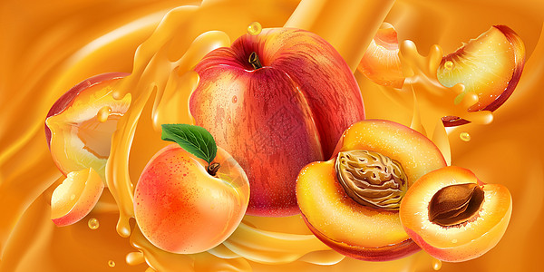 整个和切片的桃子和杏子果汁图片