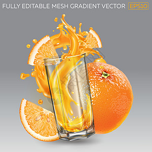 整个玻璃杯中的果汁飞溅和橙片图片