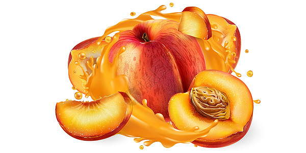 整片桃子在果汁的飞溅中切开咖啡店菜单美食食物营养厨房维生素饮食饮料液体图片