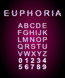 Euphoria 小故障字体模板 复古未来派风格矢量字母表设置在紫色背景上 大写字母 数字和符号 具有失真效果的幸福感字体设计图片
