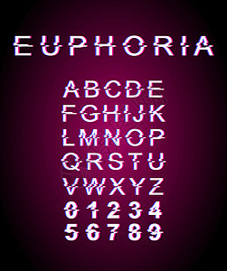 Euphoria 小故障字体模板 复古未来派风格矢量字母表设置在紫色背景上 大写字母 数字和符号 具有失真效果的幸福感字体设计背景图片