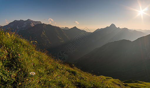 在阿尔卑斯山的日落巡游森林公园爬坡全景享受远足太阳光草地旅行天堂图片