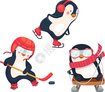 冬季活性企鹅概念冰球闲暇数字运动冰鞋婴儿滑冰雪橇溜冰者游戏图片
