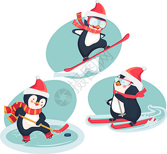 冬季活性企鹅概念滑雪板孩子游戏贴纸滑雪插图婴儿雪堆运动员假期图片