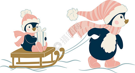圣诞可爱企鹅帽子雪橇动物卡通片婴儿图片
