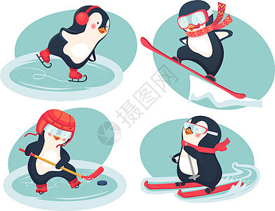 冬季活性企鹅概念活动滑雪运动员冰鞋假期游戏滑雪者孩子雪堆曲棍球图片