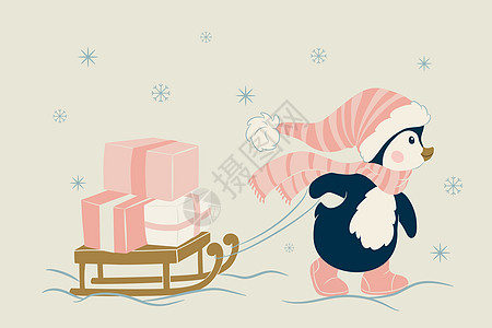 圣诞可爱企鹅礼物动物婴儿雪橇卡通片插图图片