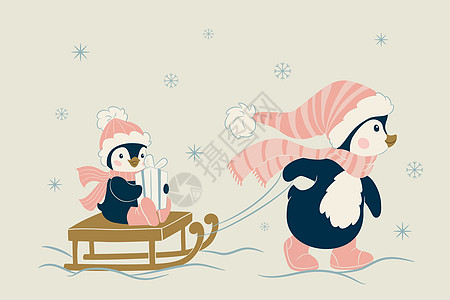 圣诞可爱企鹅插图雪橇围巾动物卡通片婴儿图片